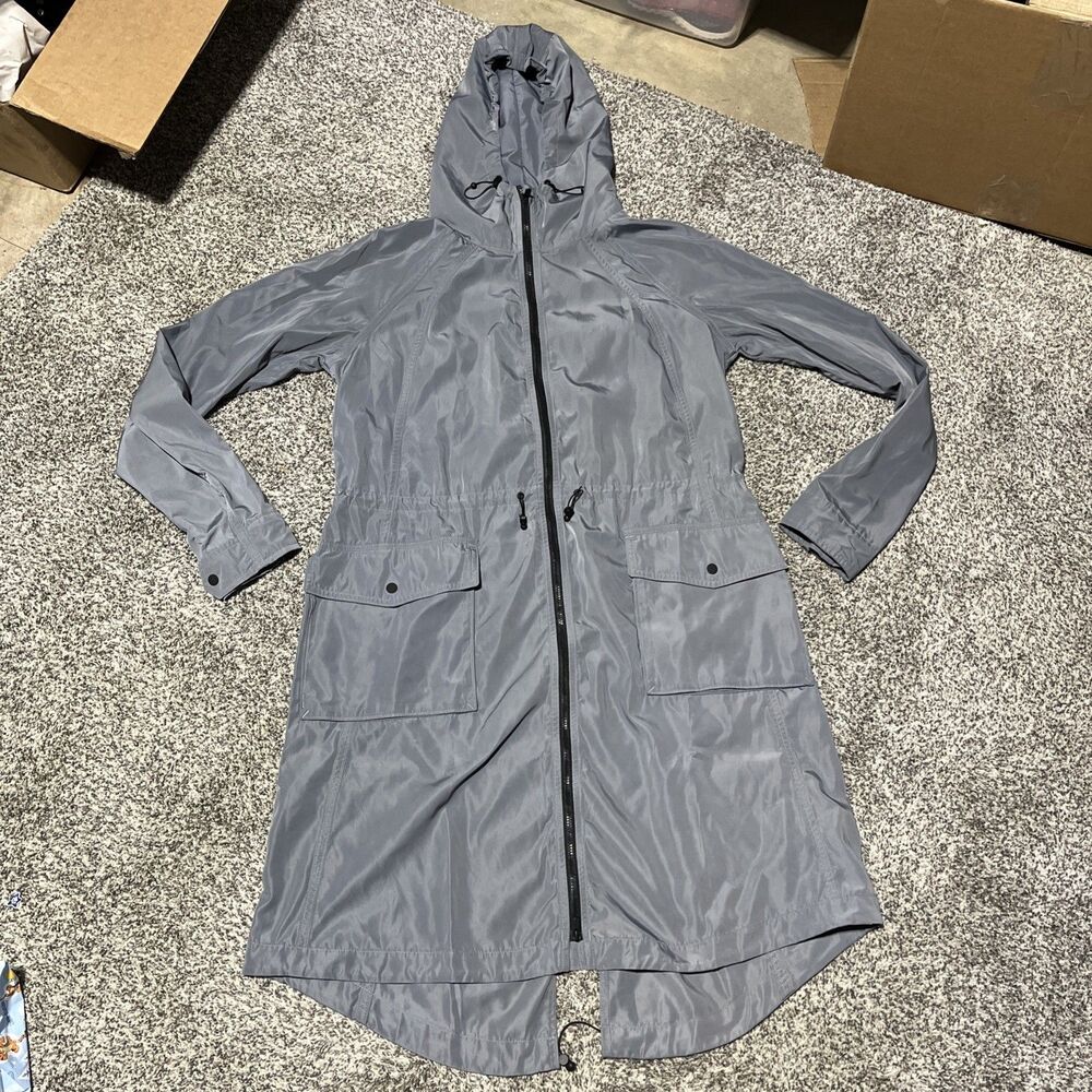 Athleta Anorak Rain Jacket Women Sz Small Stowaway Hood Packable Light Gray